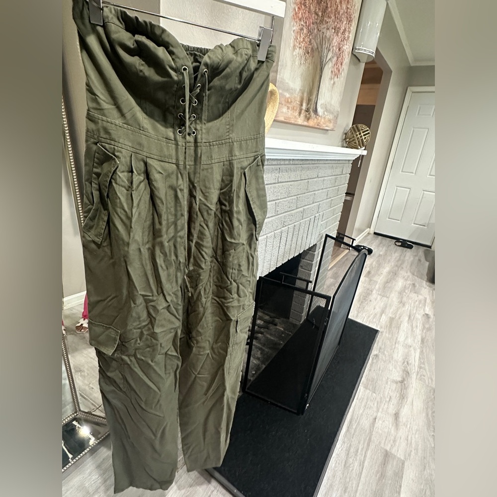 Express Olive Green Strapless Jumpsuit